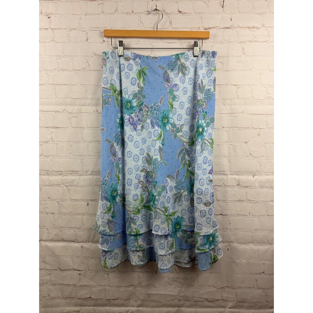 Unbranded Skirt Womens Size 14 Blue Floral Ruffle Hem Lightweight Pull On